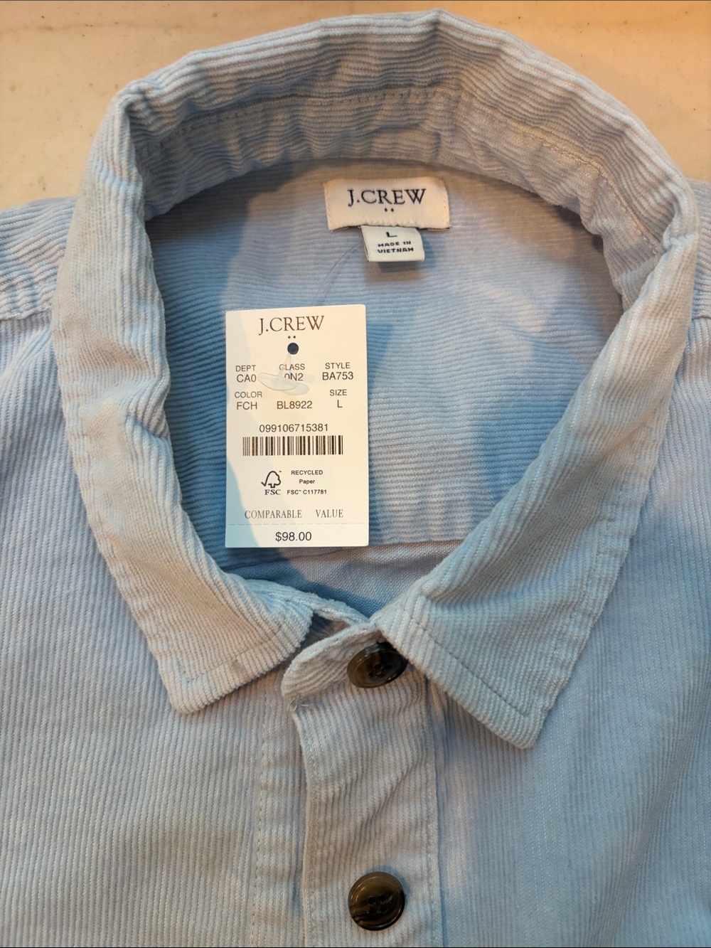 J CREW LT BLUE Courderoy Shirt/Jacket  (heavy)
